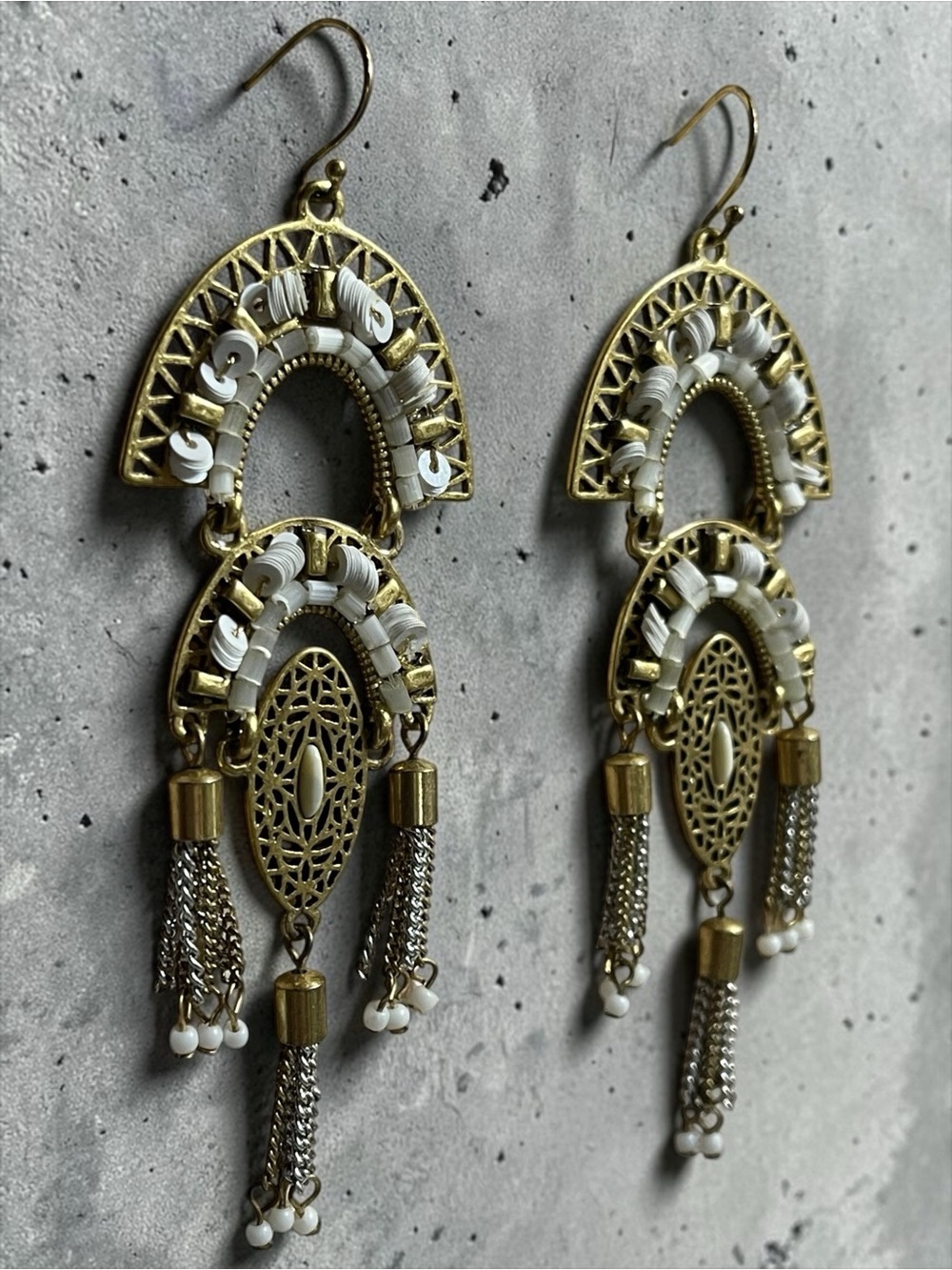 Stella & Dot Mirage Chandelier Earrings Gold Tone Filigree Tassels